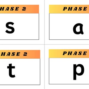 以下が含まれることがあります： オレンジと黄色の縁取りのある白いカードが4枚。各カードの上部には「PHASE 2」というテキストが書かれており、中央には黒い文字「s」、「a」、「t」、「p」が書かれています。