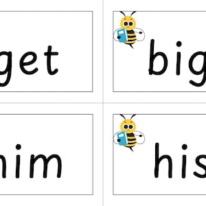 May include: Four white cards with black borders, each featuring a cartoon bee holding a book and a word. The words are "get", "big", "him", and "his".