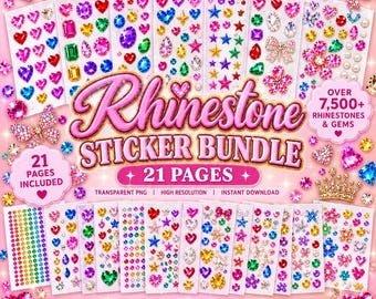 Paquete de más de 7500 imágenes PNG de diamantes de imitación de colores / 14 hojas de pegatinas de gemas transparentes / Diamantes de imitación digitales, gemas, corazones, lazos y brillos