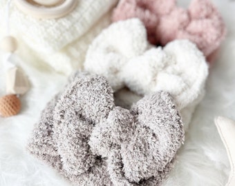 Fuzzy Boucle Teddy Bear Headband - Baby Girl Gift - Soft Sherpa Bow Headwrap - Newborn Gift - Baby Shower Gift - Oversize Bow - Neutrals