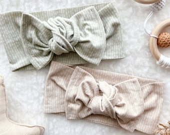 Baby Bow Headband - Baby Girl Gift - Organic Cotton - Knotted Bow - Spring Neutrals - Bow Head Wrap - Floral Prints Checks and Earth Tones
