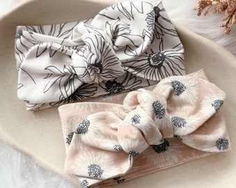 Baby Bow Headband - Baby Girl Gift - Organic Cotton - Knotted Bow - Daisy Neutrals in Black Beige Cream - Bow Head Wrap - Neutrals - Newborn