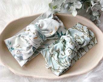 Baby Bow Headband - Baby Girl Gift - Organic Cotton - Knotted Bow - Botanical Leaves and Branches - Bow Head Wrap Mint Blue Cream - Newborn