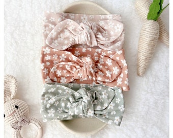 Baby Bow Headband - Baby Girl Gift - Organic Cotton - Knotted Bow - Daisy Neutrals - Bow Head Wrap - Small Floral Print in Earth Tones