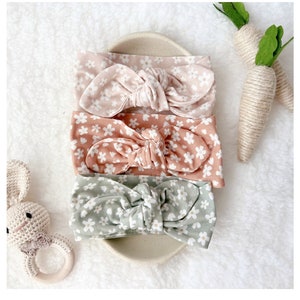 Baby Bow Headband Baby Girl Gift Organic Cotton Knotted Bow Daisy Neutrals Bow Head Wrap Small Floral Print in Earth Tones image 2