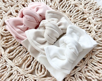 Baby Bow Headband - Organic Ribbed Cotton - Knotted Bow - Newborn Headband - Baby Girl Gift - Baby Bow Headwrap - Baby Shower Gift
