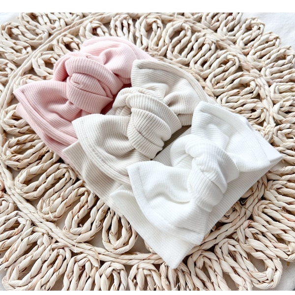 Baby Bow Headband - Organic Ribbed Cotton - Knotted Bow - Newborn Headband - Baby Girl Gift - Baby Bow Headwrap - Baby Shower Gift