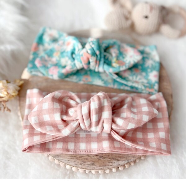 Baby Bow Headband - Baby Girl Gift - Organic Cotton - Knotted Bow - Easter Spring - Floral Gingham - Bow Head Wrap - Pink Teal Wildflowers