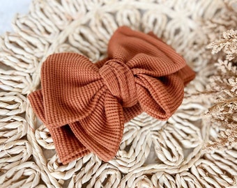 Baby Bow Headband - Waffle Oversize Bow Head Wrap - Terra Cotta Brown - Organic Cotton Thermal - Baby Girl Headwrap - Big Bow - Newborn Gift