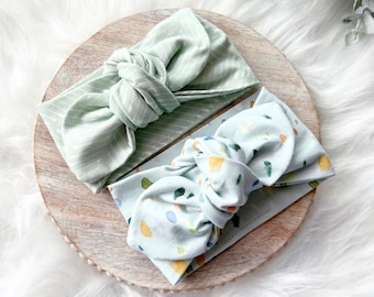 Baby Bow Headband - Baby Girl Gift - Organic Cotton - Knotted Bow - Mint and Blue - Bow Head Wrap - Newborn Girl Gift - Arrows & Seaglass