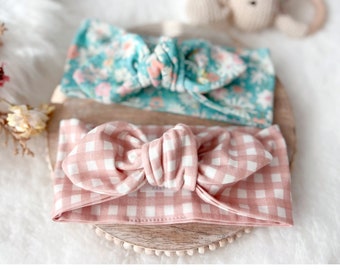 Baby Bow Headband - Baby Girl Gift - Organic Cotton - Knotted Bow - Easter Spring - Floral Gingham - Bow Head Wrap - Pink Teal Wildflowers