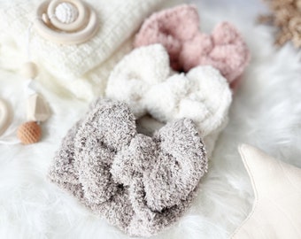 Fuzzy Boucle Teddy Bear Headband - Baby Girl Gift - Soft Sherpa Bow Headwrap - Newborn Gift - Baby Shower Gift - Oversize Bow - Neutrals