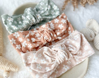 Baby Bow Headband - Baby Girl Gift - Organic Cotton - Knotted Bow - Daisy Neutrals - Bow Head Wrap - Small Floral Print in Earth Tones