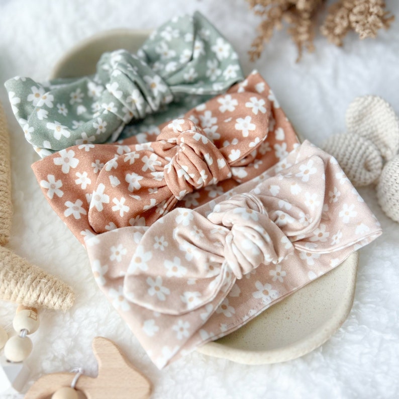 Baby Bow Headband Baby Girl Gift Organic Cotton Knotted Bow Daisy Neutrals Bow Head Wrap Small Floral Print in Earth Tones image 1