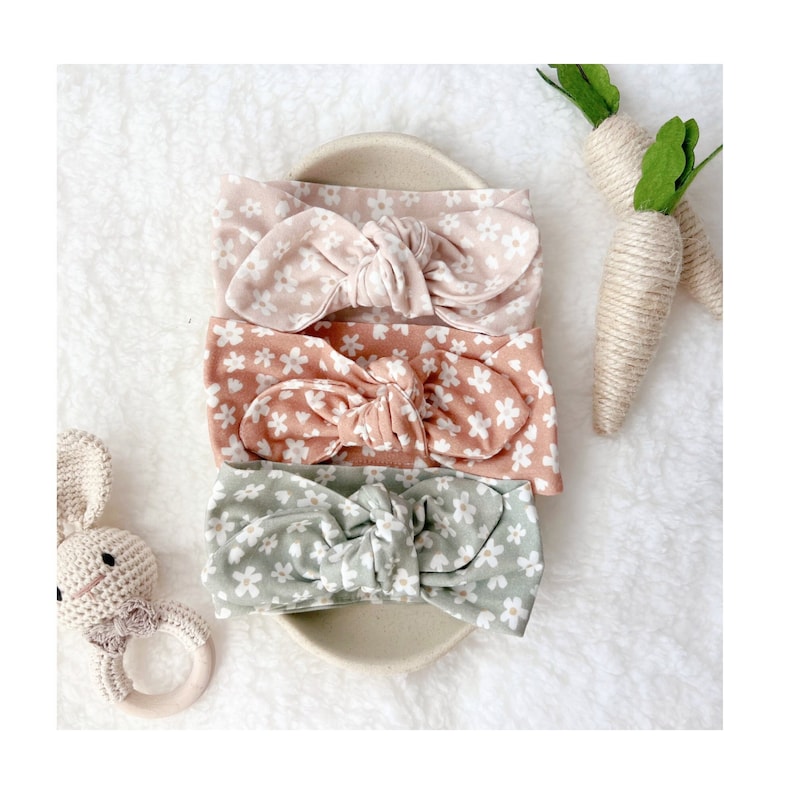 Baby Bow Headband Baby Girl Gift Organic Cotton Knotted Bow Daisy Neutrals Bow Head Wrap Small Floral Print in Earth Tones image 2