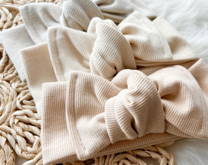 Stretch Organic Cotton Bow Headband for Baby and Newborn - Adjustable Knotted Headwrap in Neutrals