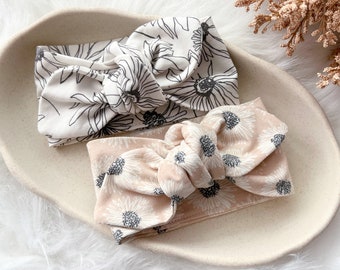 Baby Bow Headband - Baby Girl Gift - Organic Cotton - Knotted Bow - Daisy Neutrals in Black Beige Cream - Bow Head Wrap - Neutrals - Newborn