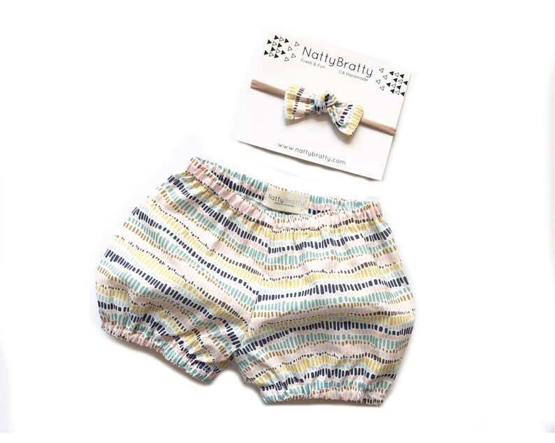 Diaper Cover Bow Headband Bloomer and Headband Set: Size 0-6 months Modern Stripe Baby Shorts in Pastel Dashes Baby Girl Gift