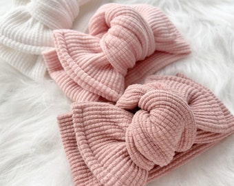 Baby Girl Headband - Waffle Thermal Oversize Bow Headband Wrap - Pink White - Baby Bows - Baby Girl Gift - Newborn - Knotted Bow