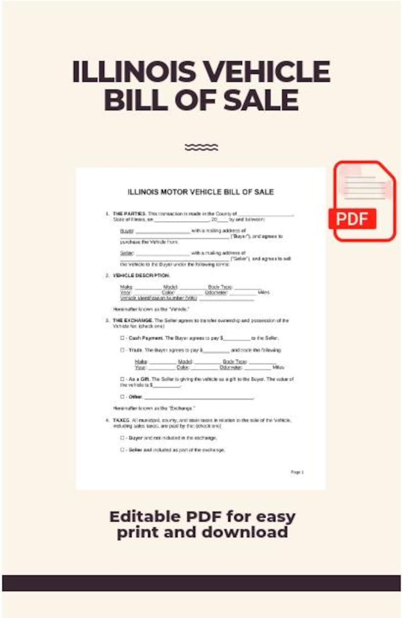 Illinois Vehicle Bill of Sale Template Printable & Editable PDF for