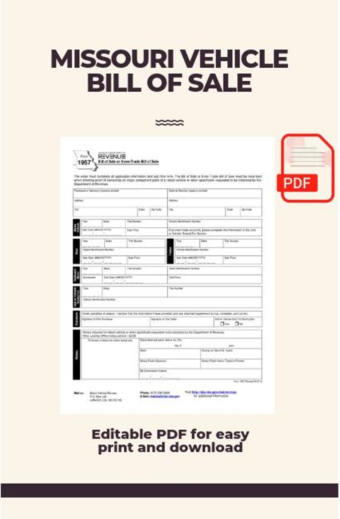 Missouri Vehicle Bill of Sale Template Printable & Editable PDF for