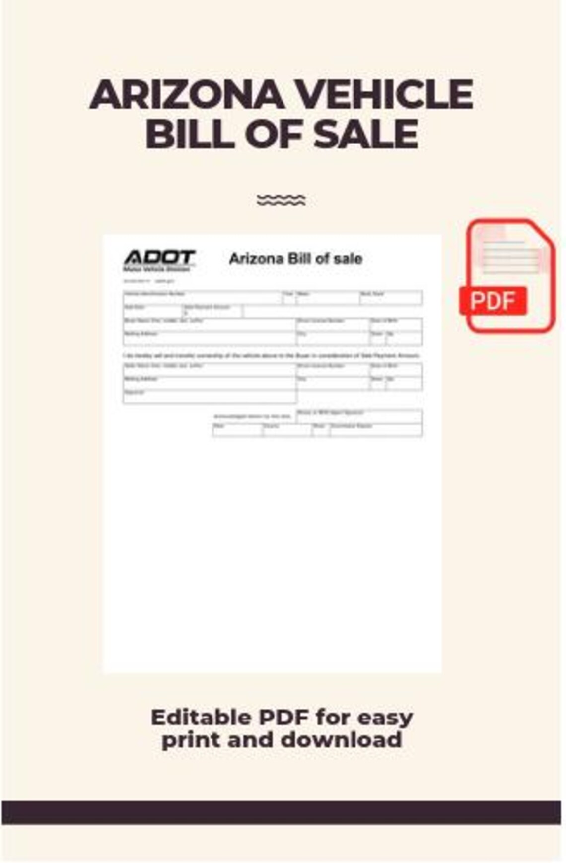 Arizona Vehicle Bill of Sale Template Printable & Editable PDF for