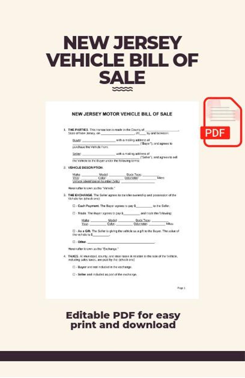 New Jersey Vehicle Bill of Sale Template Printable & Editable PDF for