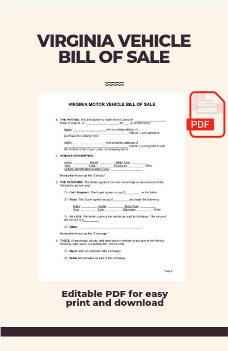Virginia Vehicle Bill of Sale Template Printable & Editable PDF for