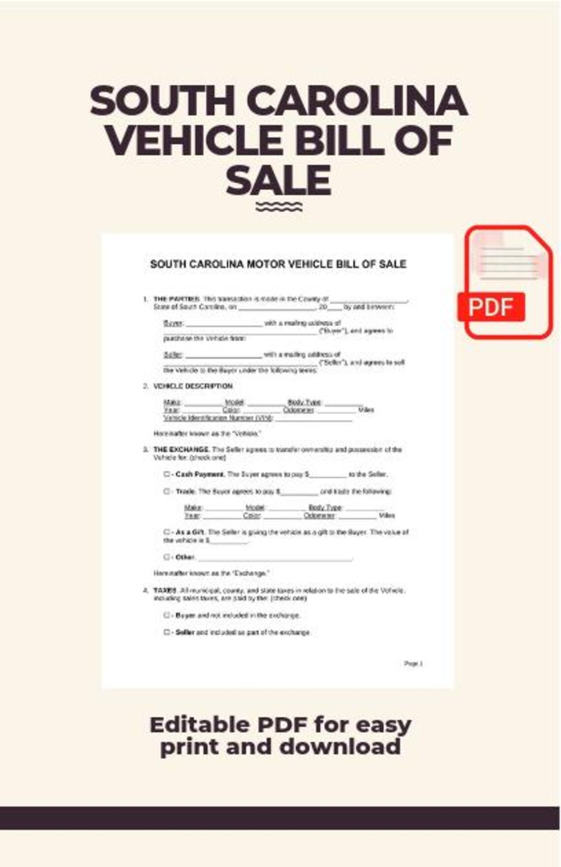South Carolina Vehicle Bill of Sale Template Printable & Editable PDF