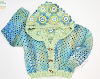 Kids Crochet Cardigan Pattern – Blossom Granny Stitch Hoodie, 3-12 years (PDF)