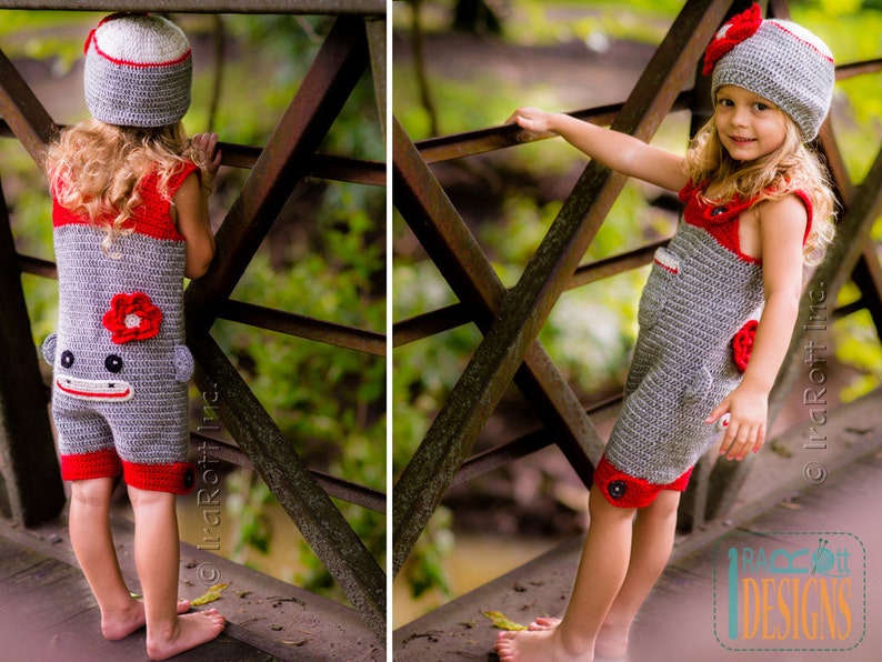 CROCHET PATTERN Spunky the Sock Monkey Hat and Romper-Jumpsuit image 5