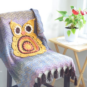 May include: A handmade crochet blanket with a large owl applique. The blanket features a chevron pattern in shades of purple, blue, and yellow. The owl is yellow, brown, and orange. Brown tassels hang from the bottom edge. The blanket is draped over a chair.