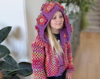 Blossom Crochet Kids' Cardigan PATTERN: Hooded Granny Stitch, 3-12 years (PDF)