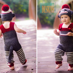 CROCHET PATTERN Spunky the Sock Monkey Hat and Romper-Jumpsuit image 3