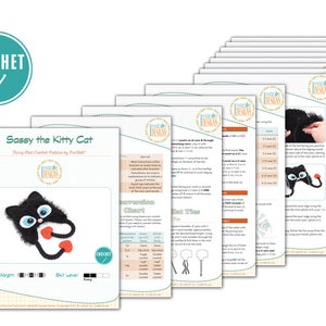 May include: A stack of crochet pattern sheets featuring a black cat design with the text "Sassy the Kitty Cat". The patterns include instructions, diagrams, and a conversion chart. The word "CROCHET" is in a teal circle.