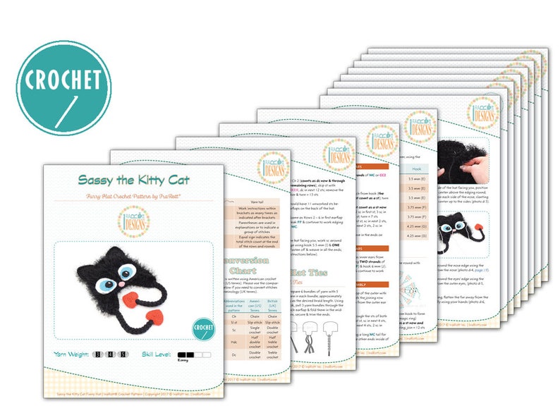 May include: A stack of crochet pattern sheets featuring a black cat design with the text "Sassy the Kitty Cat". The patterns include instructions, diagrams, and a conversion chart. The word "CROCHET" is in a teal circle.