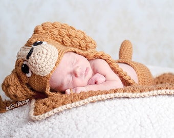 CROCHET PATTERN Copper the Baby Spaniel Puppy Dog Hat with Diaper Cover and Blanket