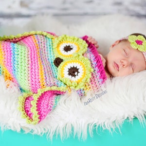 CROCHET PATTERN Ava the Owl Baby Hat Sleeping Bag and Headband image 1