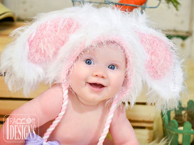 CROCHET PATTERN Fluffy the Bunny Bonnet Hat with Furry PomPoms image 4