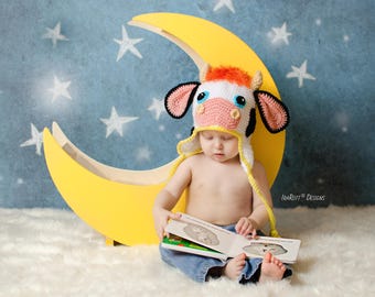 Cow Hat Crochet Pattern PDF – Bull Earflap Beanie, Farm Animal Hat for All Sizes
