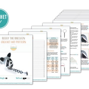 May include: A crochet pattern for a raccoon hat. The pattern includes instructions and diagrams for crocheting a hat with a raccoon face and tail. The pattern is titled "Rocky the Raccoon Crochet Hat Pattern".
