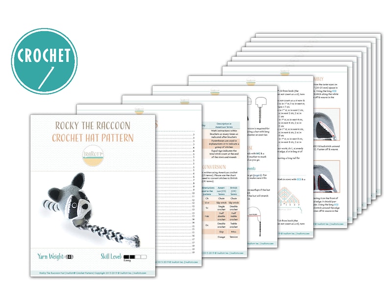 May include: A crochet pattern for a raccoon hat. The pattern includes instructions and diagrams for crocheting a hat with a raccoon face and tail. The pattern is titled "Rocky the Raccoon Crochet Hat Pattern".