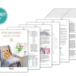 May include: A stack of printed crochet pattern instructions. The cover of the pattern is titled "Retro Owl Blanket Crochet Pattern" and shows a finished blanket with an owl design draped over a chair. The image also includes a "Crochet" logo.
