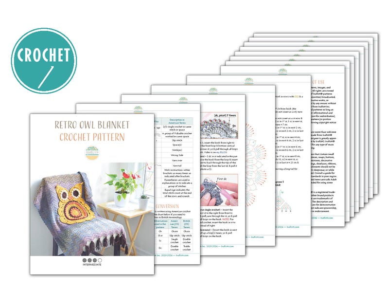 May include: A stack of printed crochet pattern instructions. The cover of the pattern is titled "Retro Owl Blanket Crochet Pattern" and shows a finished blanket with an owl design draped over a chair. The image also includes a "Crochet" logo.