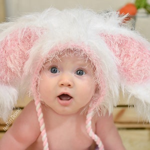 CROCHET PATTERN Fluffy the Bunny Bonnet Hat  with Furry PomPoms