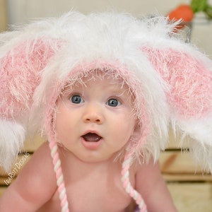 CROCHET PATTERN Fluffy the Bunny Bonnet Hat with Furry PomPoms image 1