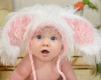 CROCHET PATTERN Fluffy the Bunny Bonnet Hat  with Furry PomPoms