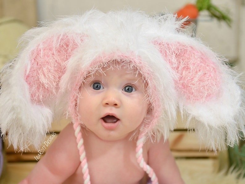 CROCHET PATTERN Fluffy the Bunny Bonnet Hat with Furry PomPoms image 1