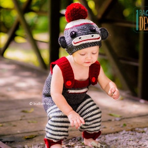 CROCHET PATTERN Spunky the Sock Monkey Hat and Romper-Jumpsuit image 6