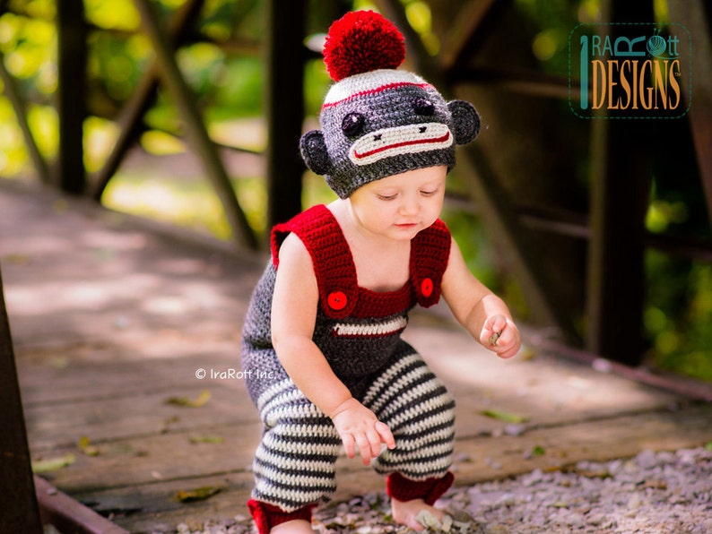 CROCHET PATTERN Spunky the Sock Monkey Hat and Romper-Jumpsuit image 6